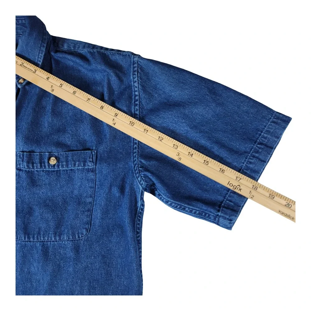 Sun River‎ Mens Blue Denim Bass Fish Embroidered Short Sleeve Shirt Medium